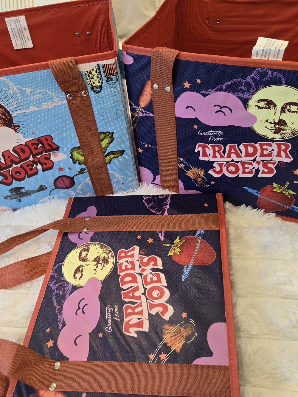 Trader Joe's Reusable Tote Bags - Navy & Light Blue with Brown Straps, Set Of 3.
